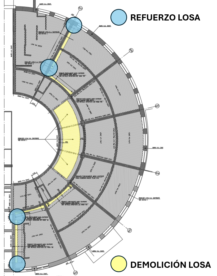 Plano de estructuras con la demolición de losa indicada